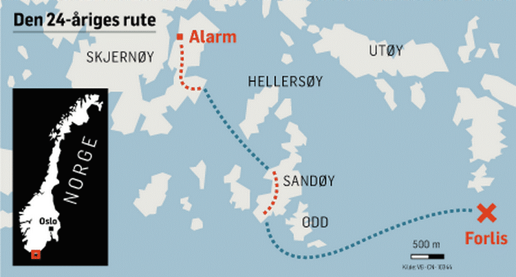 OVERLEVELSE. Her ses den rute, som Søren Thuesen tilbagelagde for at redde sig selv og de fem andre danskere, der kæntrede i en båd i Norge. 