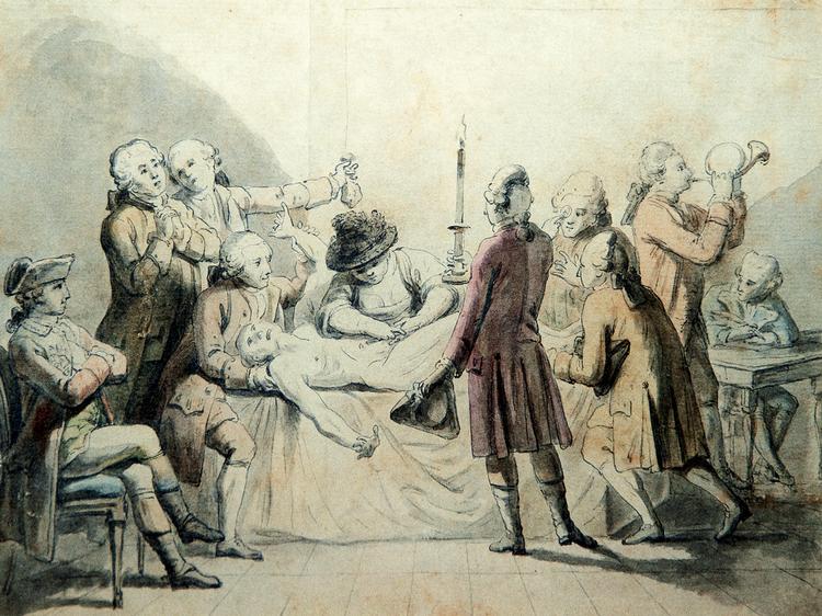 Tegneserie. Forfatteren Charlotta Dorothea Biehl karikeret af Cornelius Høyer. Det er angiveligt Holberg, der maltrakteres. Men hvorfor, er historikerne ikke enige om. Foto: Rolf H. Christensen