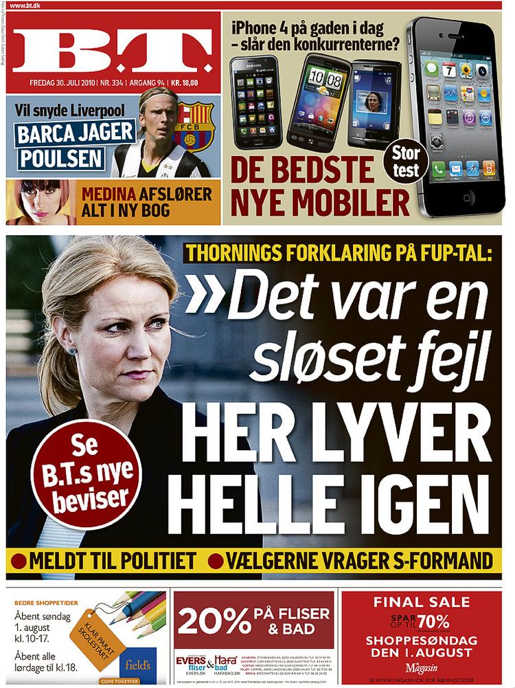 Løgne. B.T.'s forside 30. juli i år.  Fagbladet Journalisten mener, at hele B.T.'s kampagne hviler på et alt for  løst grundlag. Illustration: B.T. 