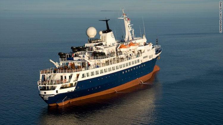 The Clipper Adventurer aground on an uncharted rock. According to the Canadian Coastguard it is stable but listing. 