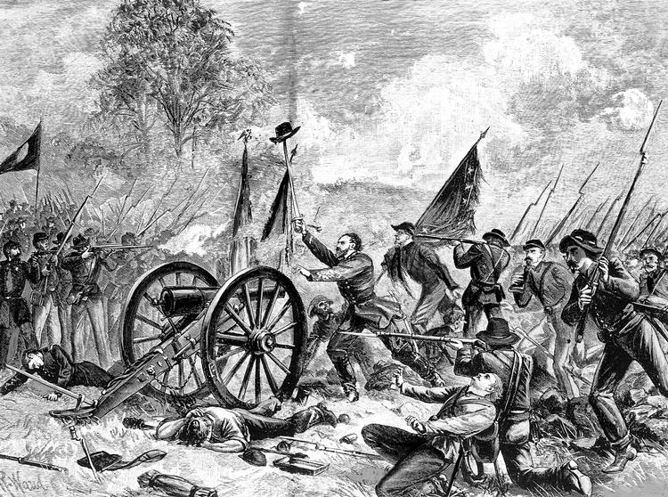 Slagmark. Sydstatssoldater i salget ved Gettysburg 3. juli 1863, da general George E. Pickett befaler sine mænd at angribe. 