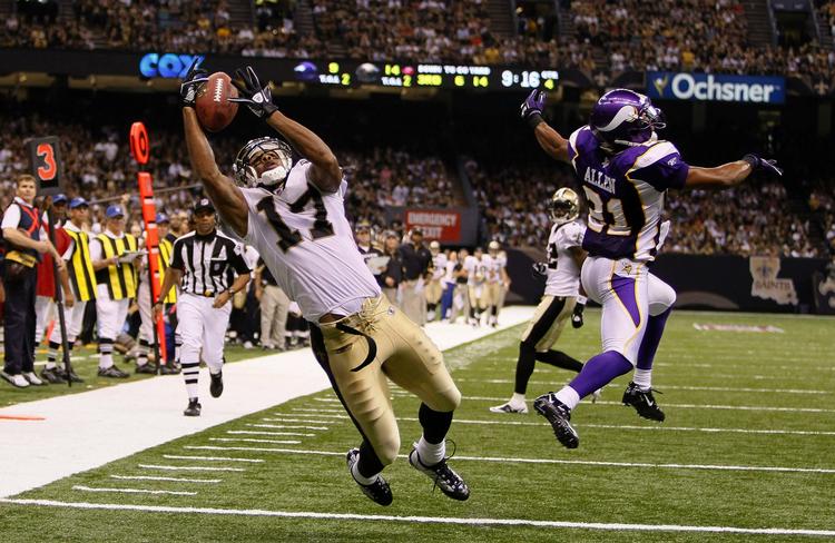 touchdown. New Orleans Saints' Robert Meachem griber en pasning fra Drew Brees og scorer touchdown. 