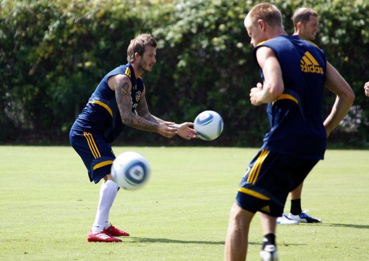 comeback. David Beckham under træning med Los Angeles Galaxy-holdet. Arkivfoto. 