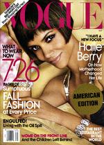 Sort. Vogues septemberudgave, der netop er udkommet, har den sorte  skuespillerinde Halle Berry på forsiden. 'Sort' har ellers sjældent været den  foretrukne efterårsfarve på forsiden af amerikansk Vogue. Illustration: Vogue 