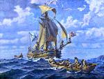 Besøg. Mødet mellem 'Den hellige Gabriel' og otte tjuktere i deres skindbåd 8. august 1728. Maleriet er udført af russeren Igor Pshenichnyi midt i 1990'erne. 