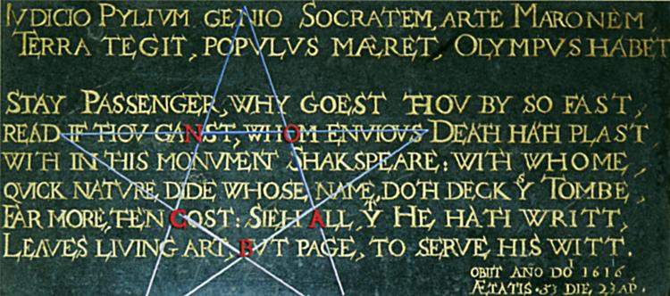 B-A siger BA ... Bogstaverne  B-A-C-O-N dukkede op i et mønster for enden af spidserne i et pentagram, da Petter  Amundsen fik styr på de skjulte koder i mindetavlen for Shakespeare i kirken i Stratford-upon Avon. Foto fra bogen 