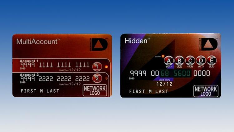De to nye former for kreditkort kan i 'MultiAccount' (t.v.) rumme alle ens betalingskort i ét kort, mens 'Hidden'-kortet (t.h) kræver, at man indtaster en PIN-kode direkte på kortet først, før det kan bruges. 