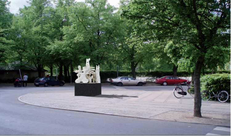 Stefansgadelaug arbejder på at samle penge ind til en stor bronzeskulptur til Nørrebro. Den skal afspejle områdets mangfoldighed. Denne billedmanipulation illustrerer skulpturens placering i gadebilledet. 