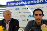 dopingmistanke. Bjarne Riis og Alberto Contador på pressemøde i Herning før gadeløbet i byen. Arkivfoto. 
