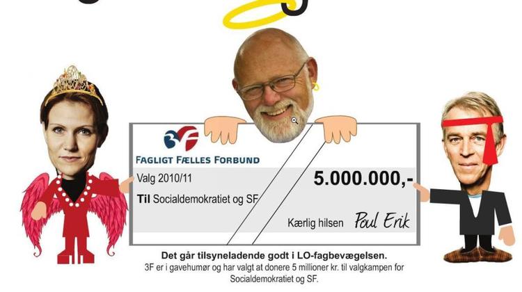 Erstatning. Fagforbundet 3F kan ikke se det sjove i den plakat konkurrenten Det Faglige Hus har lavet med 3F-formand Poul Erik Skov og de to politikere Helle Thorning-Schmidt og Villy Søvndal. 