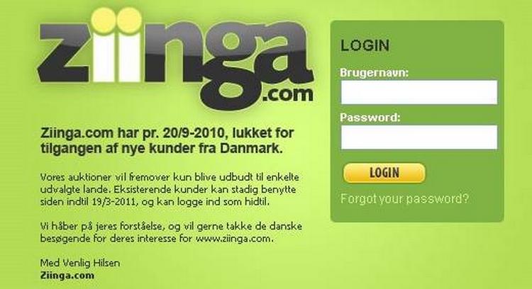 Denne besked toner frem på Ziinga.com's hjemmeside. 