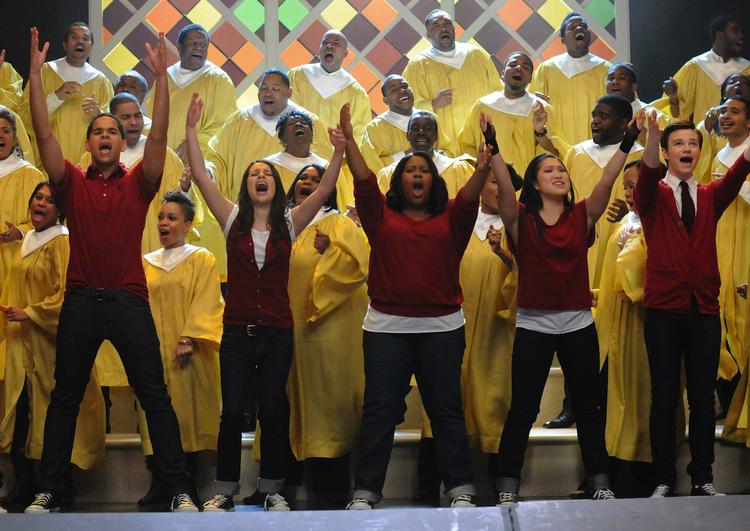 superkor. Stjernerne fra tv-serien 'Glee'. Fra venstre Dijon Talton, Lea Michele, Amber Riley, Jenna Ushkowitz og Chris Colfer. Arkivfoto: Michael Yaris/AP 