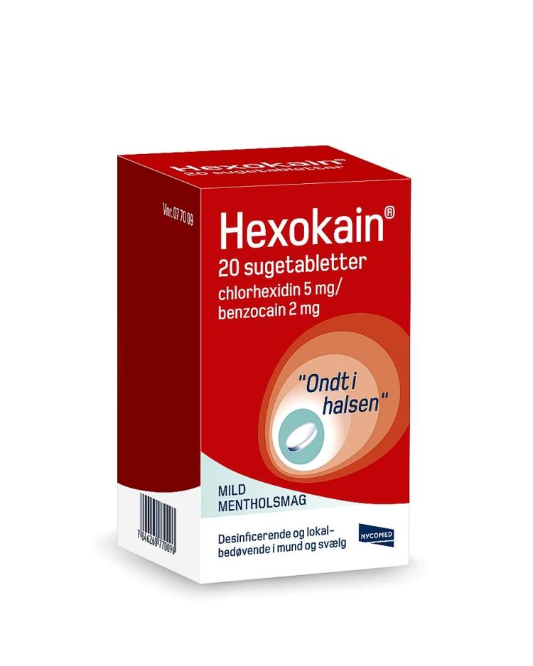 Halshjælp. Hexokain virker lindrende og desinficerende ved lette betændelsestilstande i mund og svælg. Tabletterne fås også i en pakning med 40 styk. 