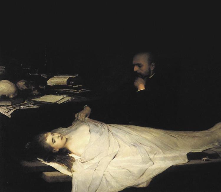 anatomi. 'Kadaverdoktoren's forside låner stemning fra oliemaleriet 'Der Anatom' malet i 1869 af den tjekkiske kunstner Gabriel von Max (1840-1915). Illustration: Udsnit af bogens forside 