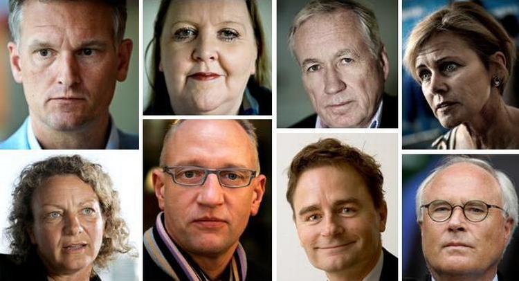 Feltet. Øverst fra venstre: Ulrik Haagerup, Lisbeth Knudsen, Michael Christiansen, Mette Bock, Merete Eldrup, Lars Vesterløkke, Lars Munch og den helt store outsider Flemming Østergaard. 