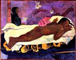 EKSOTISK.  Mange af Gauguins værker fik titler på tahitiansk, selvom Gauguin ikke selv talte sproget. Her er det 'Manao tupapau', der betyder: de døde holder opsyn. En titel, der leder tankerne mod primitiv åndemaning - også selvom Tahiti for længst var blevet kristent. 