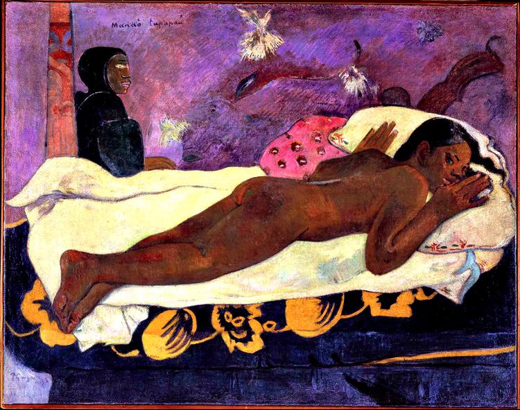 EKSOTISK.  Mange af Gauguins værker fik titler på tahitiansk, selvom Gauguin ikke selv talte sproget. Her er det 'Manao tupapau', der betyder: de døde holder opsyn. En titel, der leder tankerne mod primitiv åndemaning - også selvom Tahiti for længst var blevet kristent. 