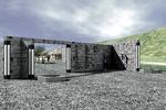 Monumentet  er inddelt i tre forskellige rum af  granitbeklædte betonmure.  I baggrunden skimtes Norgesport,  Kastellets nordlige indgang.  Illustration: Landskomiteen for Monument for Danmarks internationale indsats 