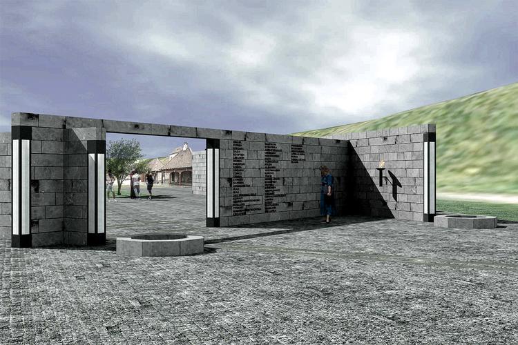 Monumentet  er inddelt i tre forskellige rum af  granitbeklædte betonmure.  I baggrunden skimtes Norgesport,  Kastellets nordlige indgang.  Illustration: Landskomiteen for Monument for Danmarks internationale indsats 