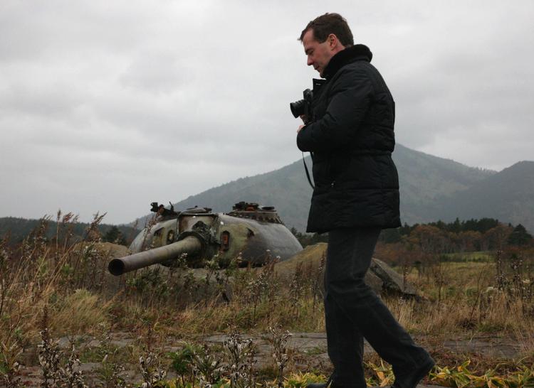 Medvedev. Russian President Dmitry Medvedev visits one of the Russian-held islands claimed by Japan, at the southern Kurils, on Monday, Nov. 1, 2010. 