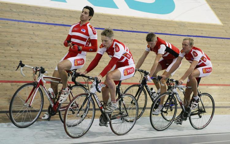 omnium. Banelandsholdet under træning i marts 2009. Fra venstre: Christian Ranneries, Niki Byrgesen, Daniel Kreutzfeldt og Michael Færk. Arkivfoto. 