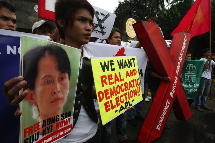 Election. Protesters display their placards as they call for the boycott of the planned Nov. 7 election in Myanmar during a rally in front of the Department of Foreign Affairs Friday, Oct. 22, 2010 in suburban Pasay City, south of Manila, Philippines. 