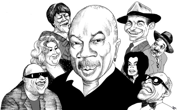 Jazzy. Manden bag Frank Sinatra, Count Basie, Ray Charles, Aretha Franklin og Michael Jackson har produceret endnu en plade - men denne gang er det andre kunstneres hyldest til ham. Tegning: Anne-Marie Steen Petersen 