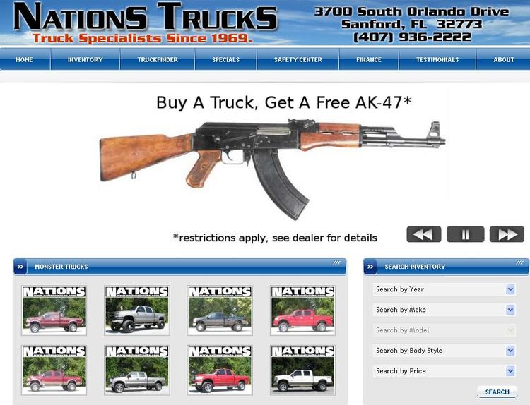 Krudtbiler. Ideelt til et hurtigt drive-by shooting. En bil og verdens mest solgte riffel i én hurtig handel. Velbekomme. Skærmdump fra Nations Trucks. 
