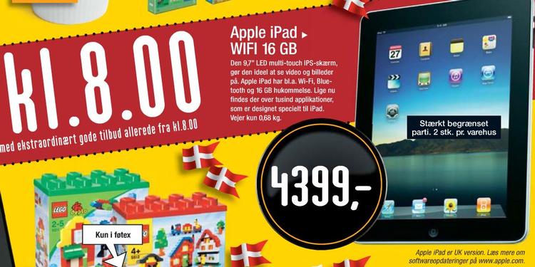 Sådan ser Føtex' annonce for slagtilbuddet ud. Prisen er mellem 600 og 700 kroner dyere end iPad'en sandsynligvis vil komme til at koste, når den lanceres officielt i Danmark. 