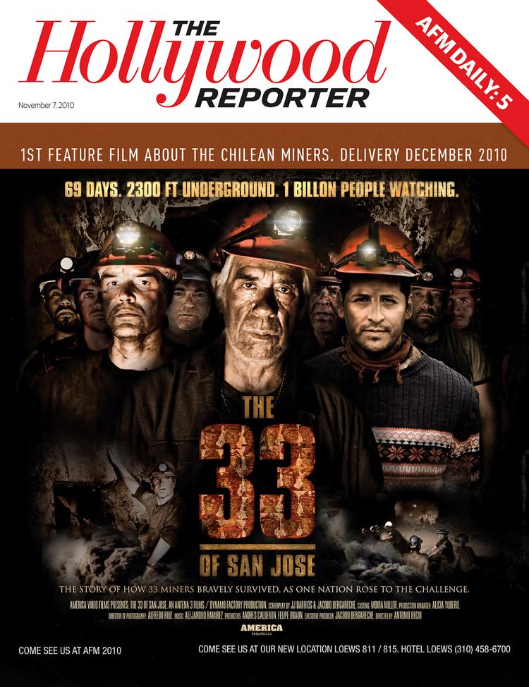 lynaktion. Minearbejderne, der sad fast i den chilenske mine, er godt stof for  journalister,  forfattere og filminstruktører - som f.eks. spanieren Antonio Recio, som allerede i næste måned er premiereklar med sin film, 'The 33 of San Jose'.  Illustration:  Forside af Hollywood Reporter 