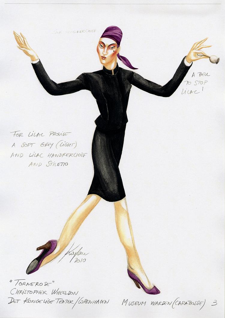 Op-på-tå. Ballet inspirerer moden, og Den Kongelige Ballet har gjort den  klassiske ballet 'Tornerose' nutidig med enkle kostumer og  en modernistisk scenografi. Skitse:  Jérôme Kaplan. Se skitsen i større udgave nederst. 