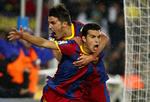 FC Barcelona's Pedro Rodriguez (th) har scoret og jubler sammen med  David Villa. 