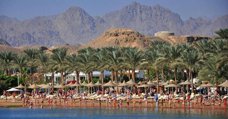 Vandgymnastikken er blevet rykket op på stranden, nu hvor der er forbud mod at gå i vandet i Sharm el-Sheikh. 