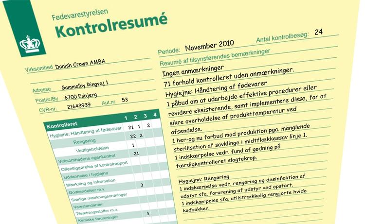 Kontrolrapporten fra et besøg på Danish Crown i Esbjerg fortæller, at hvide kødbakker ikke var rene, at en sav ikke var sterililseret godt nok, og at der blev fundet gødningsrester på en ellers færdigkontrolleret slagtekrop. 