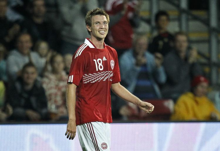målscorer. Mads Junker efter scoringen til 2-2 i landskampen mod Tyskland. 