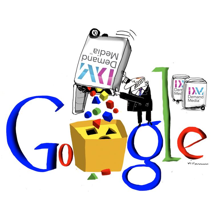 fascinerende. Hvis du vil være populær på nettet, skal du være populær hos Google - og det er den kun fire år gamle virksomhed Demand Media, som driver en række af de største hjemmesider i USA. I september i år indtog den pladsen som den 17. største internetudgiver i USA, lige efter eBay. Se tegningen i større udgave nederst. Tegning: Jørn Willumsen 