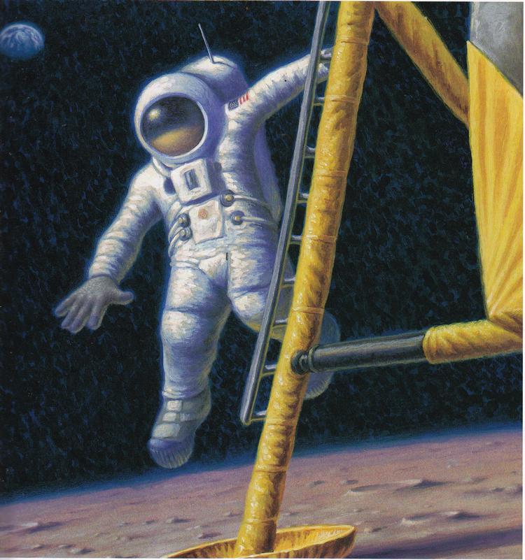 Månen. Neil Armstrong tager sit store skridt, men de bastante, heroiske tegninger understøtter dårligt Obamas lette anslag. Tegning fra bogen: Lore Long 