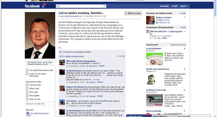 Event-invitation. Lars Løkke  Rasmussen inviterer Villy Søvndal til  sygehusdebat via sin Facebook-profil. Det afføder hektisk aktivitet i medierne og på Christiansborg. 