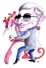 Panterfilm. Den lyserøde panter står som et vakkelvornt monument over afdøde instruktør Blake Edwards. Illustration: Anne-Marie Steen Petersen (se hele tegningen nederst i artiklen) 