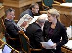 Politik. Oppositionen advarer om økonomiske udfordringer i fremtiden. Henrik Sass Larsen (med avis) og Ole Sohn ses her i Folketingssalen bag S-formand Helle Thorning Schmidt. 