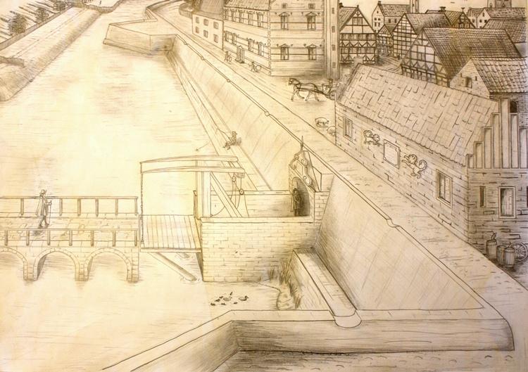 REKONSTRUKTION. Feltarkæolog Claus Rohden Olesen har lavet en rekonstruktionstegning af befæstningen omkring Østerport cirka 1624 med visse kunstneriske friheder. 