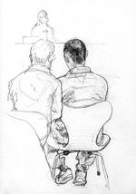 Retsmøde. De terrormistænkte nægtede sig alle skyldige. Tegning: Jens Mørch. 