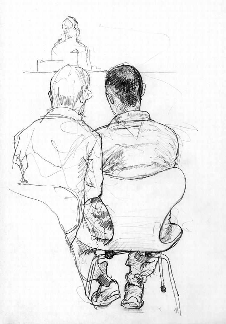 Retsmøde. De terrormistænkte nægtede sig alle skyldige. Tegning: Jens Mørch. 