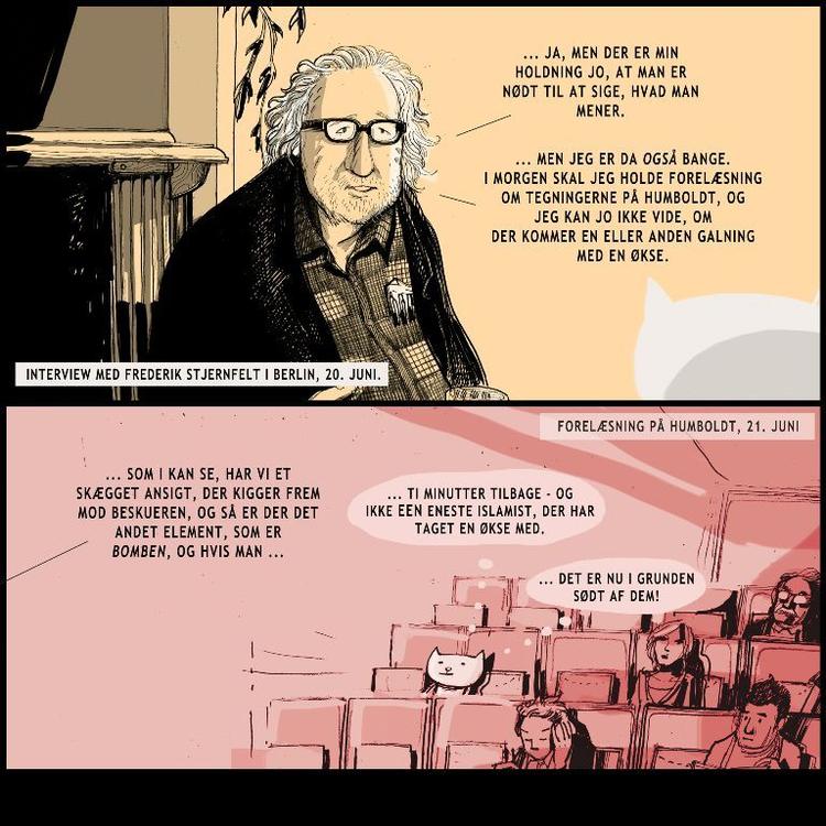 Muhammedtegneserie. »Jeg vil forsøge at anskueliggøre hele forløbet. Tit kan en tegning udstille det absurde meget bedre end ord«, siger tegneren Christoffer Zieler. Tegning: Christoffer Zieler 