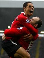 Målscorerne. Det blev 1-0 ved Wayne Rooney (th) og 2-1 ved Javier Hernandez (tv.), da United besejrede West Bromwich. 