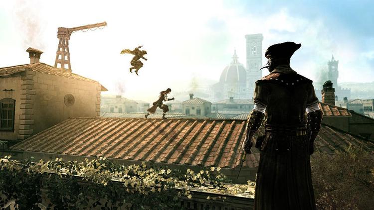 Mord i flertal. I 'Assassin's Creed: Brotherhood' skal man myrde løs. Det fungerer bedst som multiplayerspil, hvor der er langt mere på spil end i singleplayer, fordi både sværhedsgraden og uforudsigeligheden er mange gange større. Illustration fra spillet 