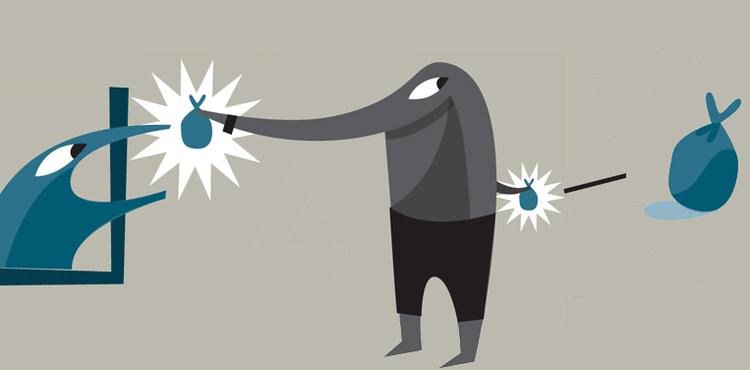 Hajen optræder i denne tegning som de fire kommuner, der nægter at betale det fulde beløb tilbage, som borgerne har betalt for meget i skat. 