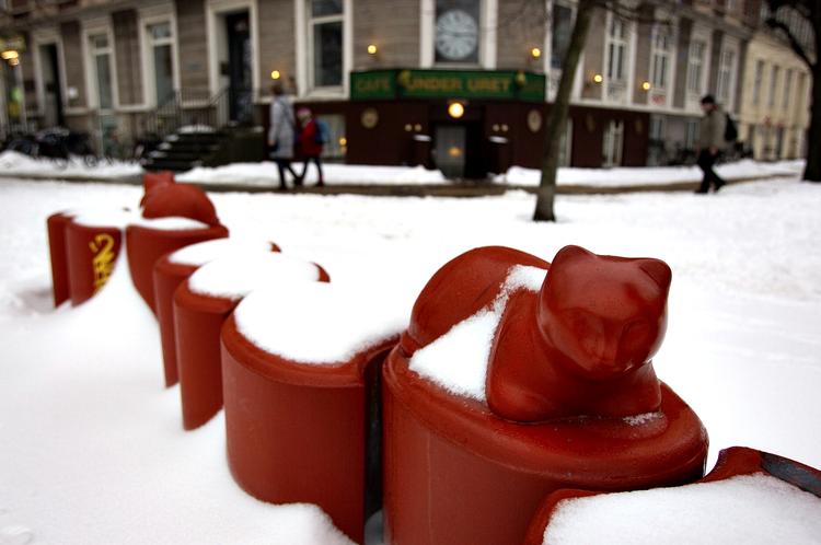 Et par signaturkatte optager to af Lissy Boesens siddemoduler på Sølvtorvet. Foto: Finn Frandsen 