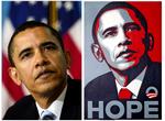 Obamaplakat. Forlægget til Obama- plakaten blev taget i 2006 knipset af AP's freelancefotograf Mannie Garcia til et møde om Darfur i the National Press Club. Hvad man ikke kan se på det tilskårne billede er, at Obama faktisk sidder ved siden af skuespilleren George Clooney og lytter til Kansas' konservative senator Sam Brownbacks tale. 