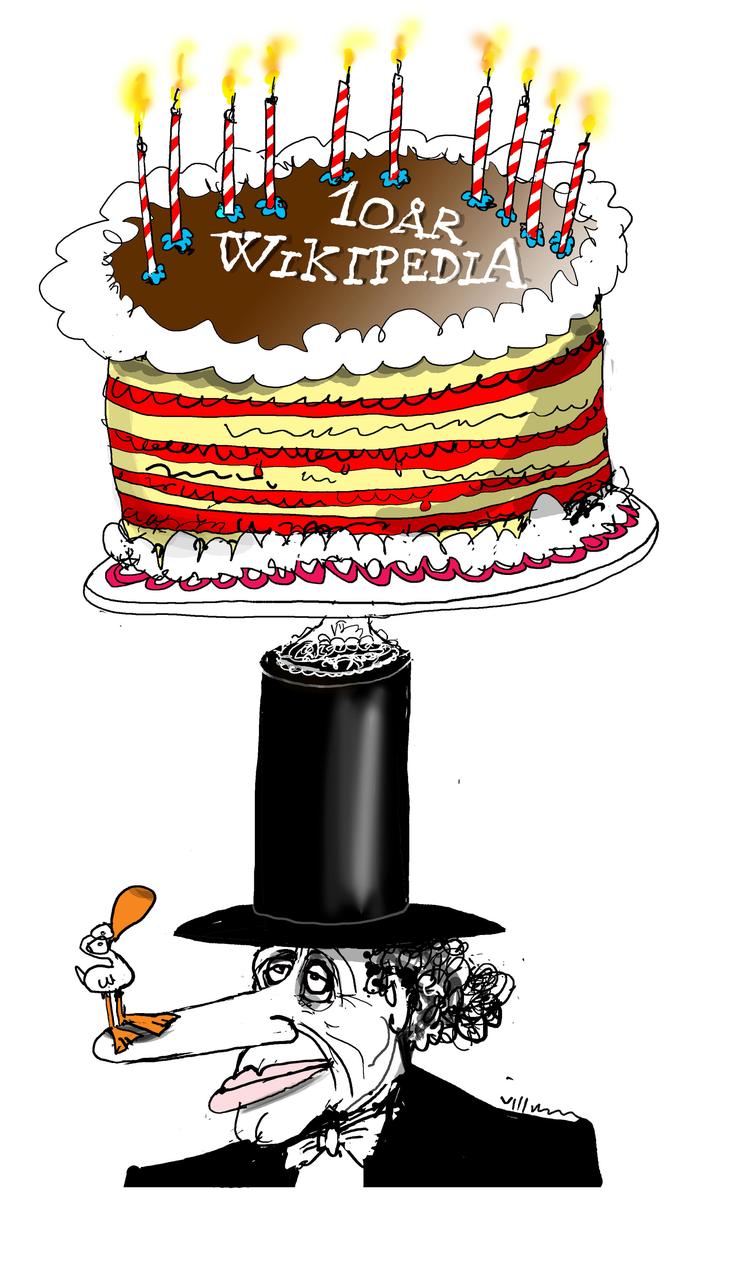 fødselar. Wikipedia regnes nu for ligeså pålidelig som Encyclopedia Britannica. Men på et tidspunkt kunne man læse, at H.C. Andersen blev »født ud af røven« på sin mor. Kan man tro på det?Tegning: Jørn Villumsen 